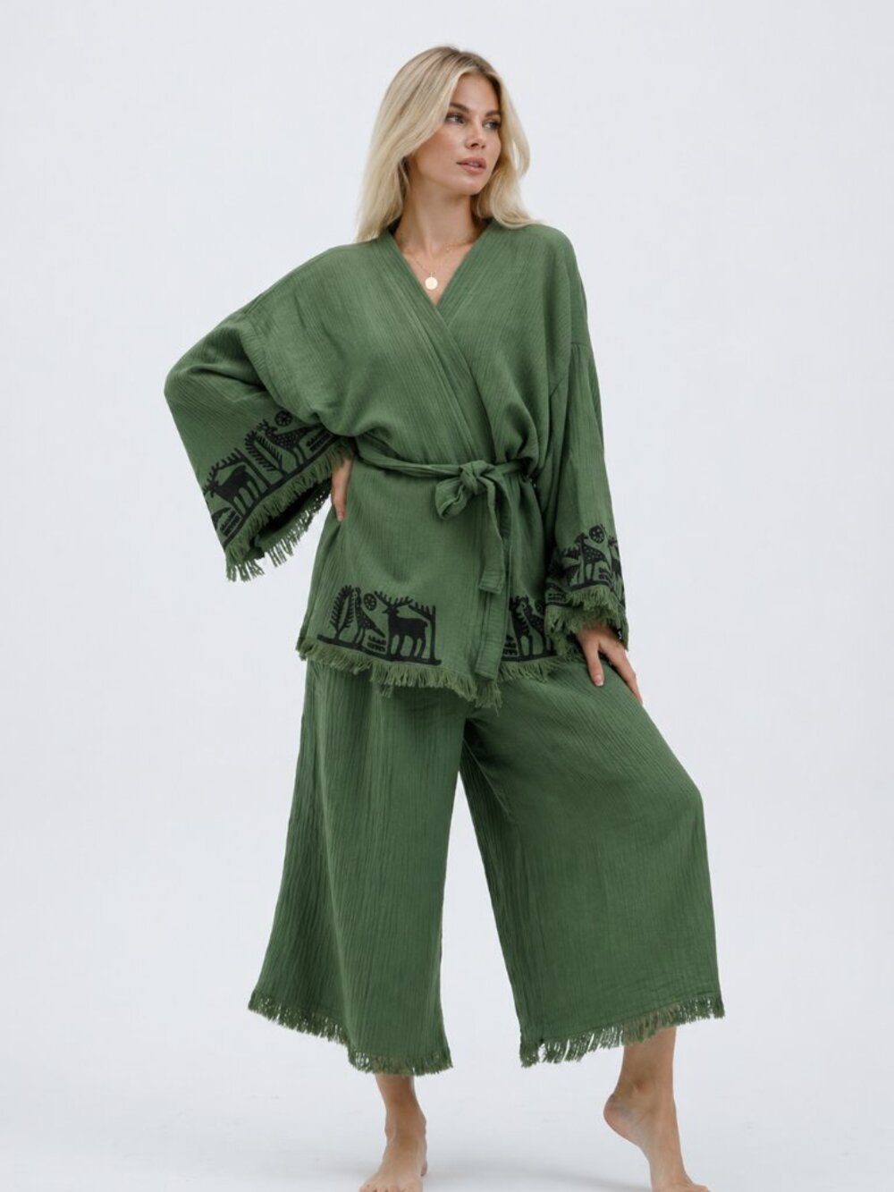 Indijio Nara Green 100% Cotton Kimono Pant Set One Size